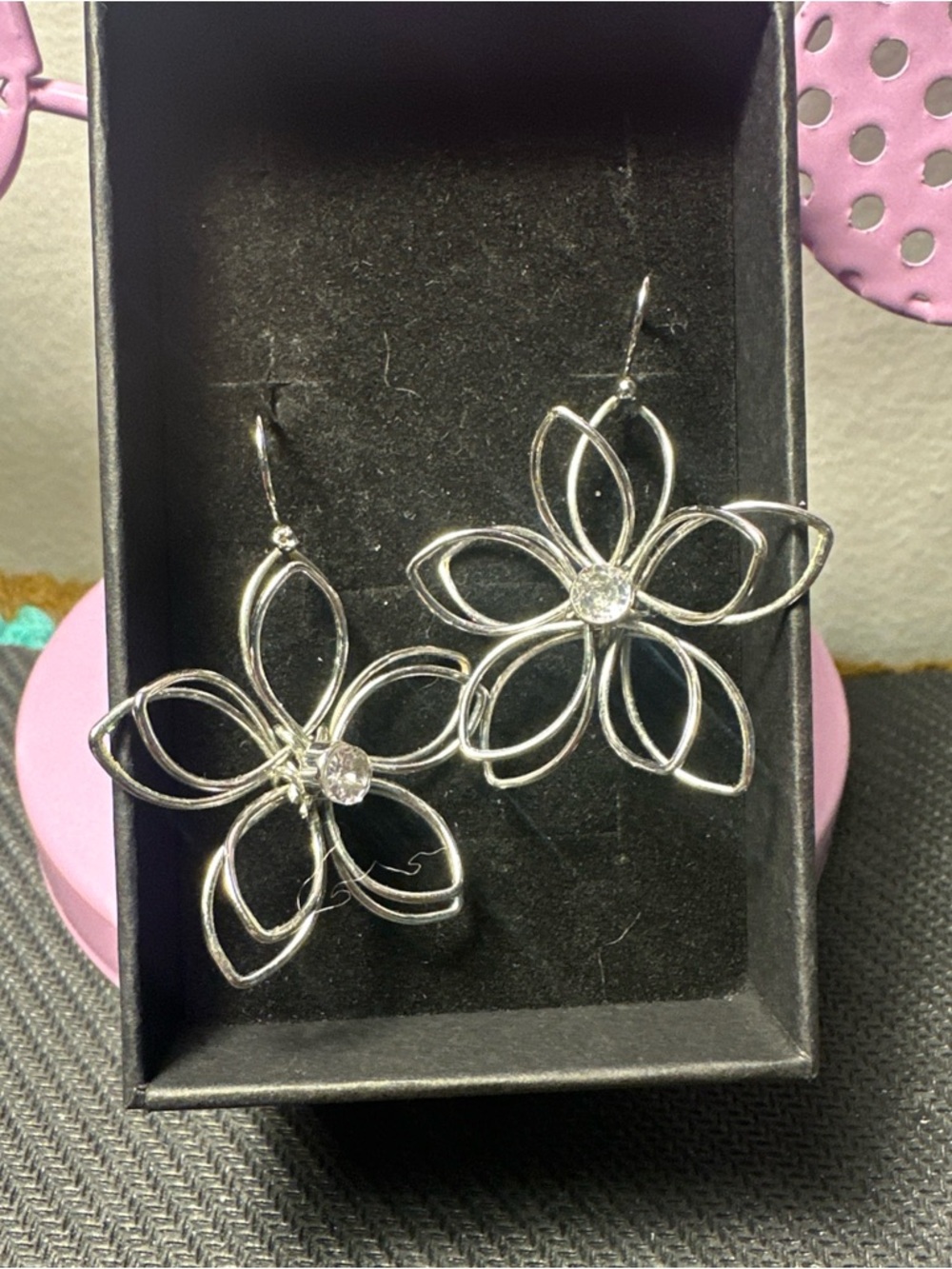 Silver Floral Drop Earrings with Clear Crystal Center